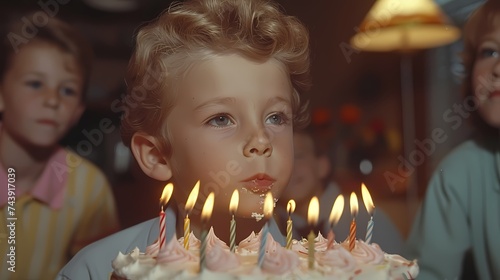 A young boy blowing out candles on a birthday cake surrounded by friends and family