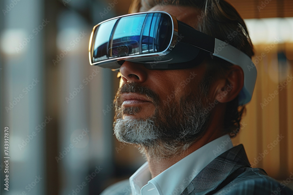 Caucasian businessman in suit in 3D virtual glasses at modern office Caucasian businessman in suit in 3D virtual glasses at modern office