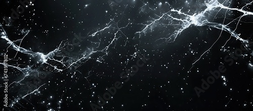 This image captures an abstract representation of space with white light traces resembling cosmic rays and stars on a dark expanse, suggesting a celestial theme.