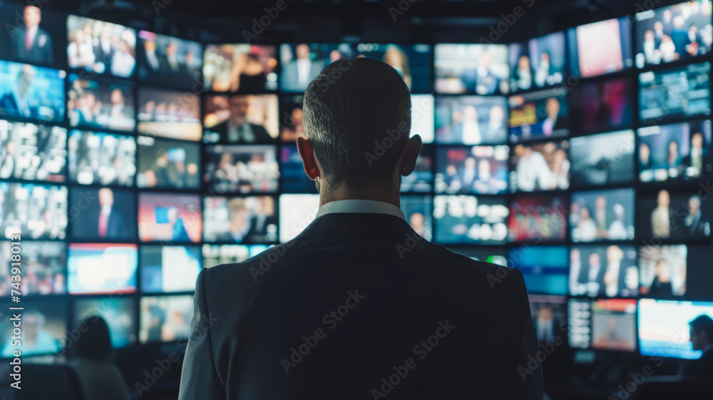 A businessman gazes at wall-mounted media filled with TV monitors or online media broadcasting advertising communications, exploring communication strategies in the business world.
A businessman gazes at wall-mounted media filled with TV monitors or online media broadcasting advertising communications, exploring communication strategies in the business world.
