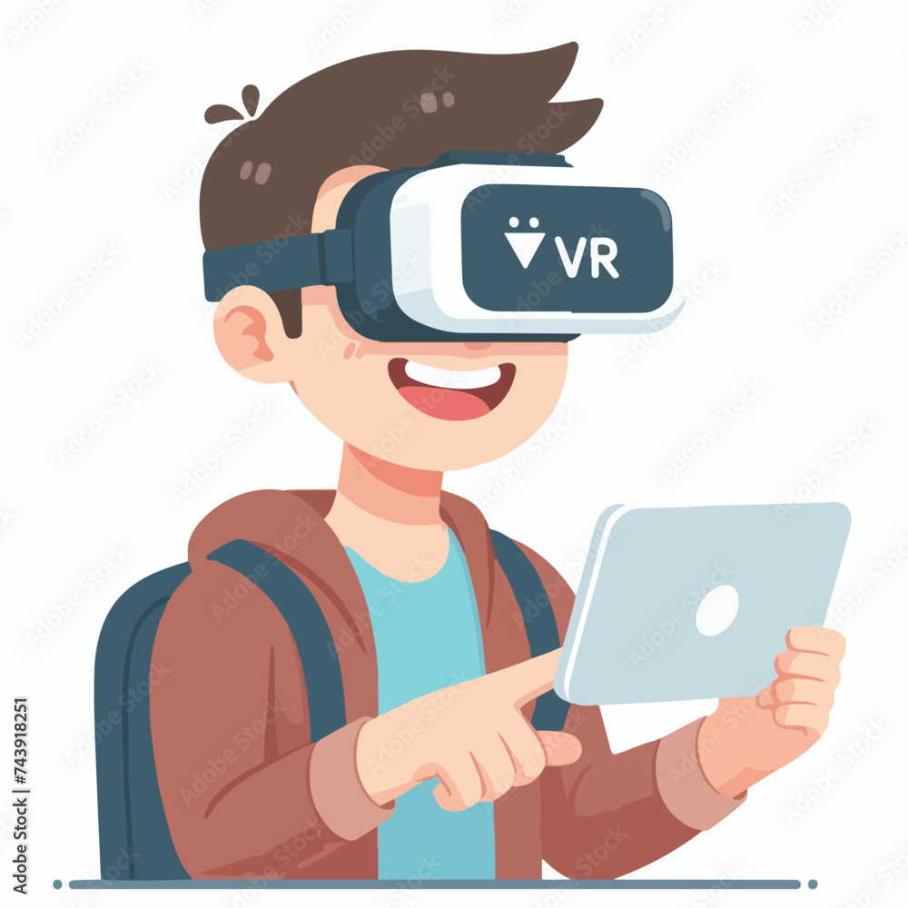 concept flat design illustration of a boy with virtual reality artificial intelligence technology