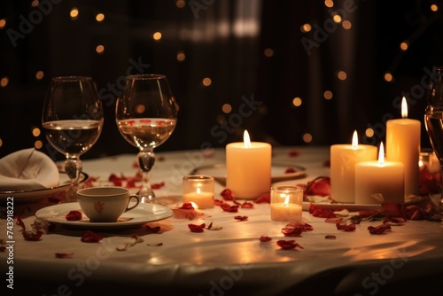 A romantic scene with candles and dinnerware