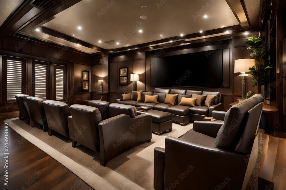 Contemporary media room with a large screen, surround sound, and comfortable reclining seating Contemporary media room with a large screen, surround sound, and comfortable reclining seating