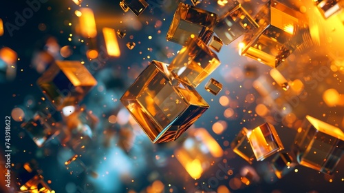 Falling golden cubes with bokeh effect