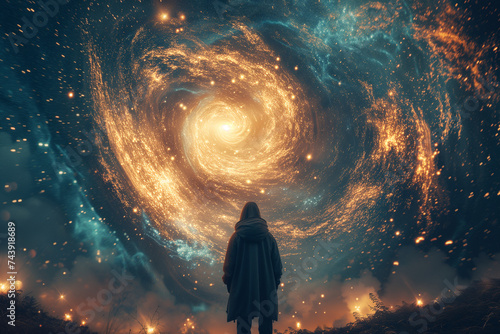 a man is standing under beautiful galaxy