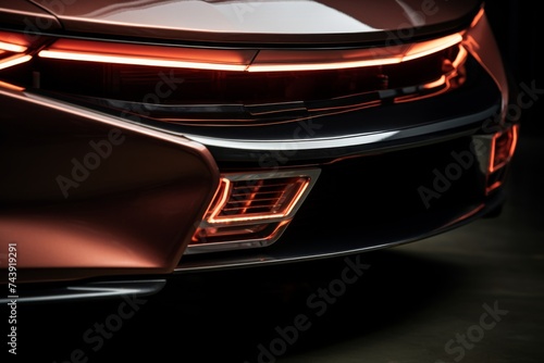 Close-up view of a modern car's LED headlight and grill details on an orange body. © pkproject