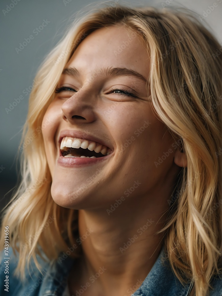 Close up portrait of young blonde woman laughing and cheerful looking at camera from Generative AI