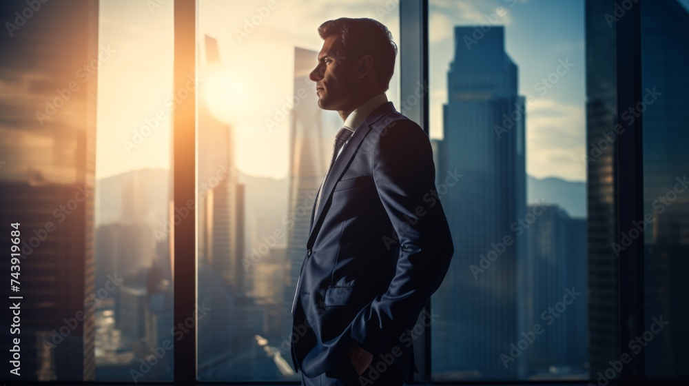 Fototapeta premium Silhouette of a businessman gazing out at the cityscape, evoking leadership.