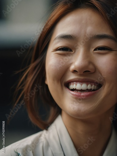 Close up portrait of young japanese woman laughing and cheerful looking at camera from Generative AI