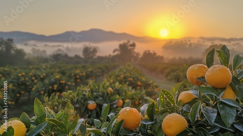 Sunset Over Lush Orange Grove with Misty Hills in Background