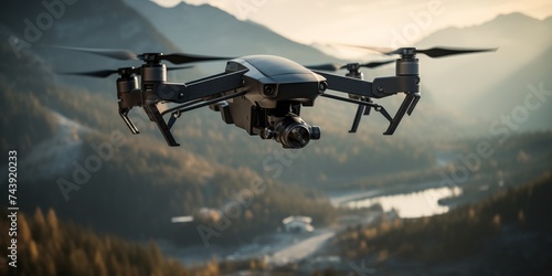 Drone flying over craggy mountain peaks at dusk, highlighting exploration technology. photo