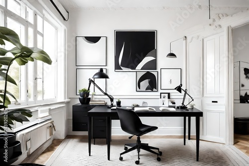 A home office space with a sleek, black desk, a designer lamp, and monochrome art on the walls
