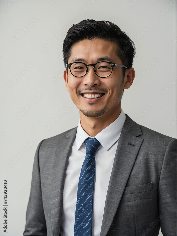 Smiling young confident professional manager japanese businessman investor looking at camera portrait on plain white background from Generative AI Smiling young confident professional manager japanese businessman investor looking at camera portrait on plain white background from Generative AI