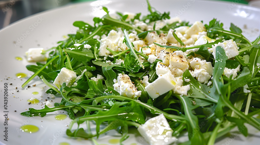 Arugula salad with cheese drizzled with olive oil on a white plate Arugula salad with cheese drizzled with olive oil on a white plate