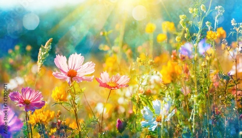 meadow flowers in early sunny fresh morning. Vintage autumn landscape background. colorful  © blackdiamond67