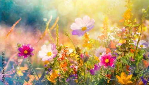 meadow flowers in early sunny fresh morning. Vintage autumn landscape background. colorful 