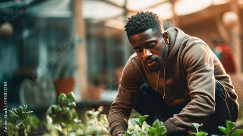 Dark-skinned man planting seedlings in greenhouse photo