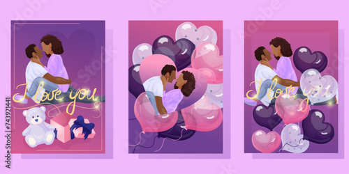 llustrations for an A4 postcard, for an anniversary, for Valentine's Day, and just to say I love you. Flat illustrations with a woman and a man kissing.
