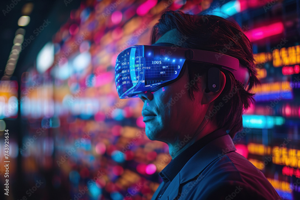Asian man in 3D virtual glasses in and interactive glass board Asian man in 3D virtual glasses in and interactive glass board