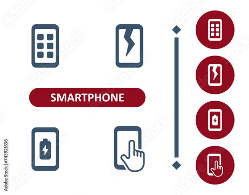 Smartphone Icons. Mobile Phone, Telephone, Apps, Crack, Cracked, Screen, Battery, Touch, Hand, Finger Icon