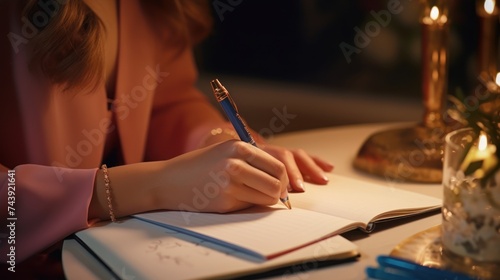 writing and notebook for working at night on creative ideas, strategy or schedule at a desk. Closeup of entrepreneur woman with pen and notes for planning, information or goals for a project