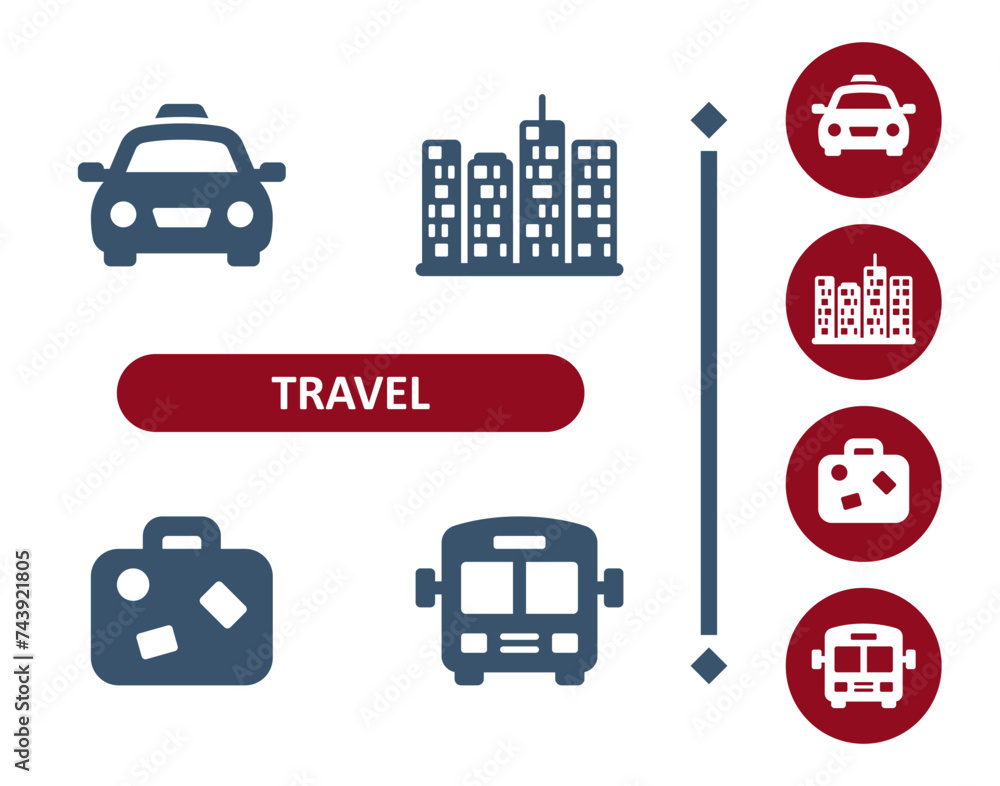 Travel icons. Tourism, cab, taxi, car, city, luggage, baggage, bus icon Travel icons. Tourism, cab, taxi, car, city, luggage, baggage, bus icon