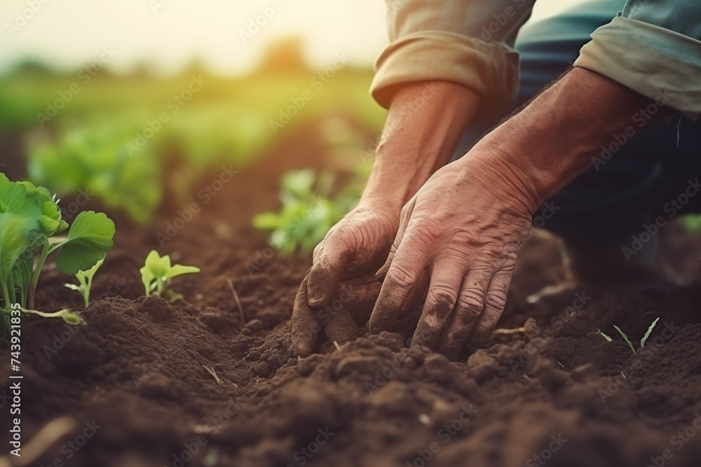 Mature farmer's hands touching the soil in the field, checking the health of his crop. Agriculture and growth. Mature farmer's hands touching the soil in the field, checking the health of his crop. Agriculture and growth.