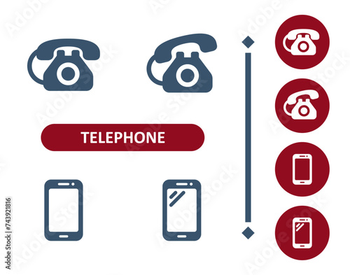 Telephone icons. Phone, landline, smartphone, mobile phone, rotary telephone icon
