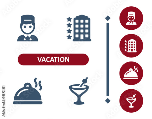 Vacation icons. Tourism, bellboy, bellhop, hotel, resort, restaurant, food tray, cloche, cocktail, bar, drink icon