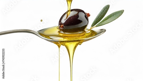 Olive oil dripping from fruits isolated on white background.