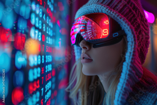 Caucasian woman in 3D virtual glasses in and interactive glass board