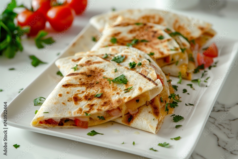 Delicious Quesadillas with Fresh Herbs on a Marble Background