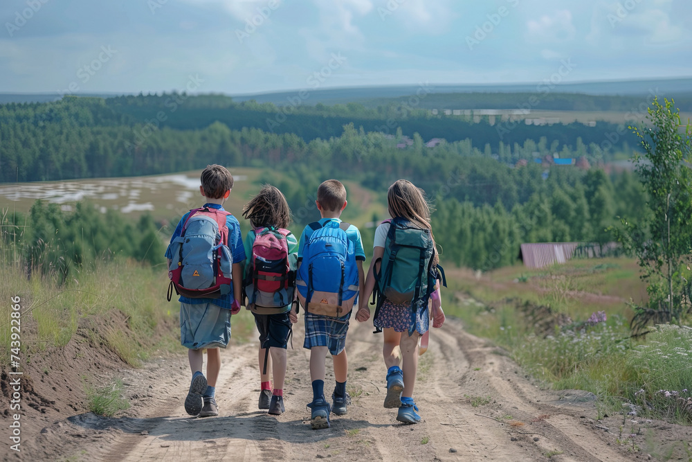 Boys and girl go hiking with backpacks on forest road bright sunny day