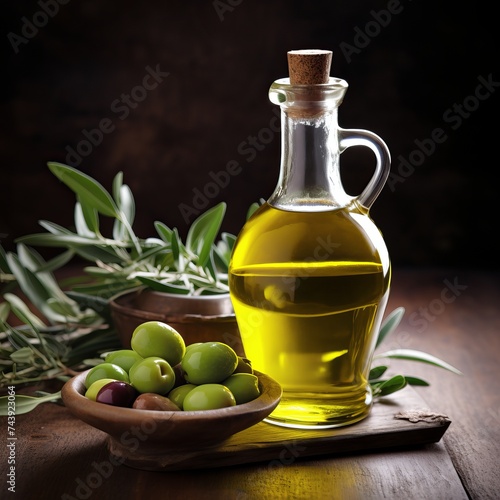 olive oil and olives. A glass bottle filled with golden olive oil