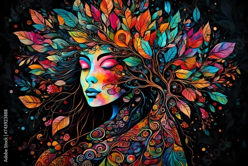 Vibrant colorful Tree Goddess, Flower Woman silhouette