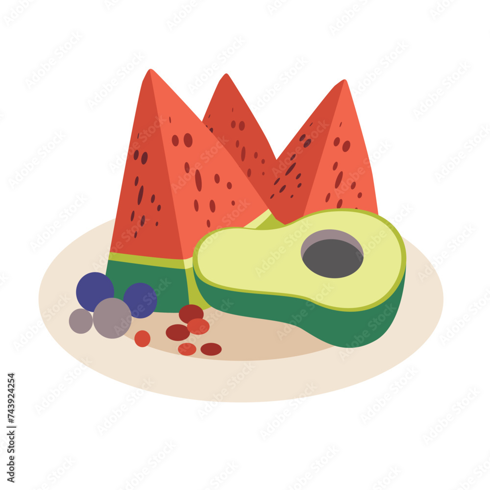 Fruits on a plate as dessert, watermelon avocado and grapes, flat vector illustration Fruits on a plate as dessert, watermelon avocado and grapes, flat vector illustration