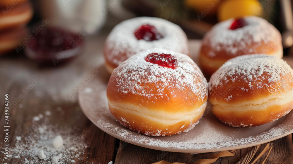 Selective focus image of jewish holiday Hanukkah with menorah traditional Candelabra, donuts Selective focus image of jewish holiday Hanukkah with menorah traditional Candelabra, donuts