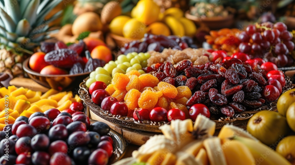 Assorted Fresh and Dried Fruits Displayed at a Market Stall