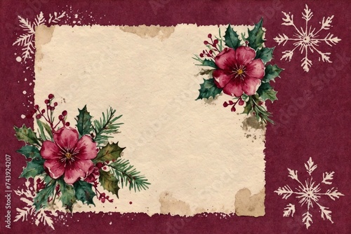 vintage christmas card with aged paper and pink flowers decor