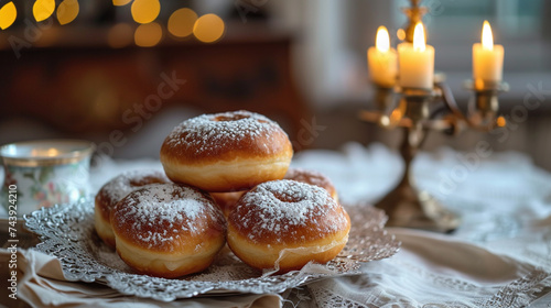 Selective focus image of jewish holiday Hanukkah with menorah traditional Candelabra, donuts photo
