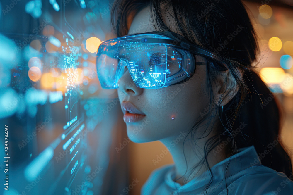 Asian woman in 3D virtual glasses in and interactive glass board Asian woman in 3D virtual glasses in and interactive glass board