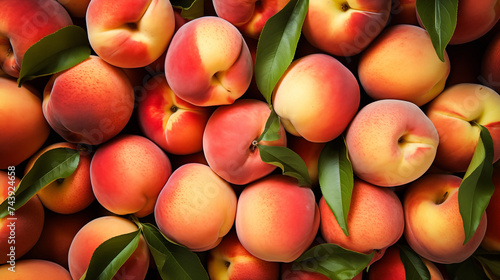 Natural peaches on background. Fresh ripe peaches. Yellow Peach, Prunus persica, fruit tree with red and yellow fuzzy fruits with firm yellow flesh, less sweeter photo