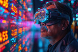 Asian man in 3D virtual glasses in and interactive glass board