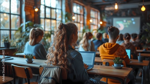 Friends sitting in a classroom, listening attentively to a teacher's lecture, with laptops open and taking notes, and the projector displaying educational content on the screen