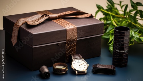 cologne for men, brown gift box, cufflinks, watch with a black leather strap and leather belt photo