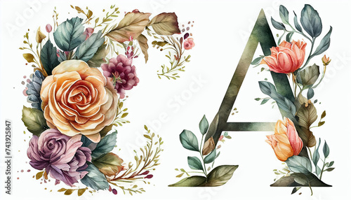 Alphabet, floral A letters with watercolor painting flowers roses and leaves. Isolated monogram initials perfectly for wedding invitations, greeting card, logo, poster background, Ai generated image