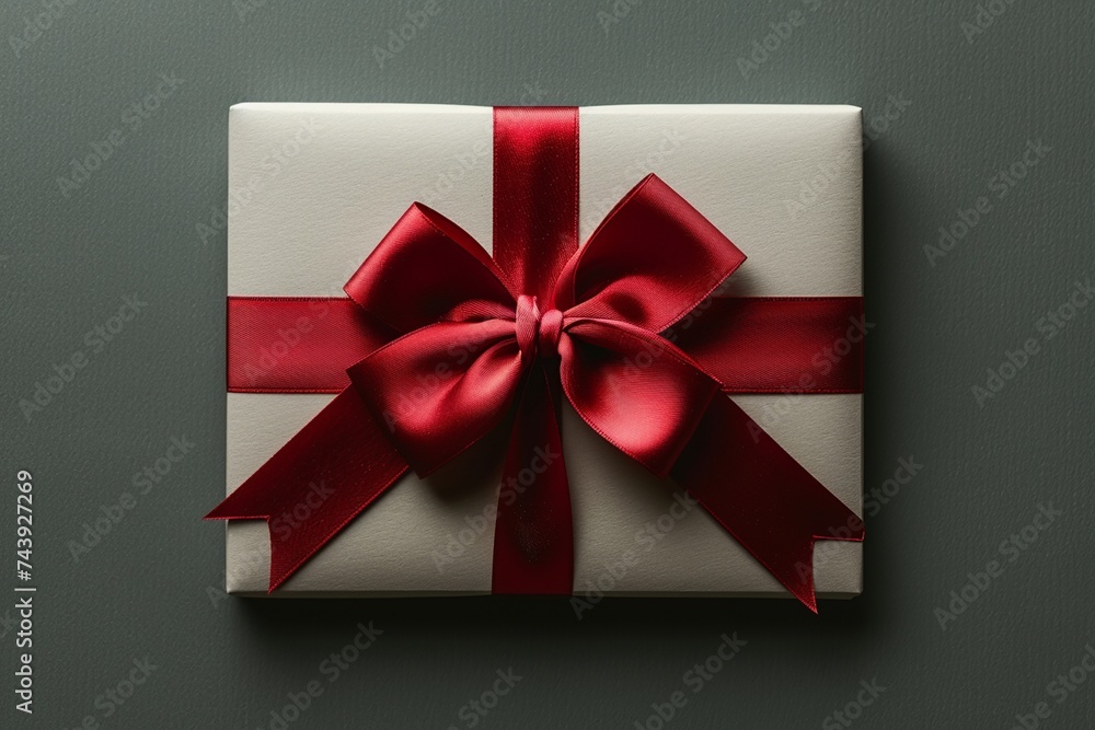 Experience the essence of simplicity, style, and elegance in a minimalist context with a blank white gift card adorned with a classic red ribbon bow Experience the essence of simplicity, style, and elegance in a minimalist context with a blank white gift card adorned with a classic red ribbon bow