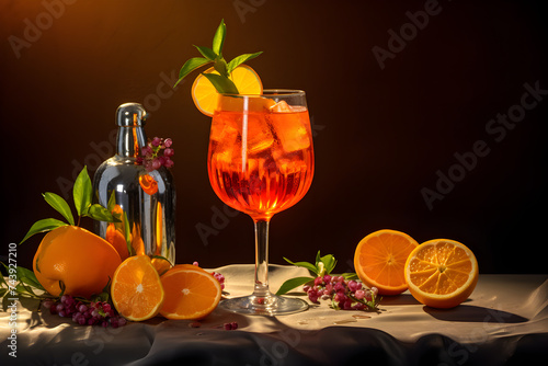 Aperol Spritz auf einem Tisch angerichtet vor schwarzem Hintergrund, Happy Hour Cocktail, erstellt mit generativer KI photo