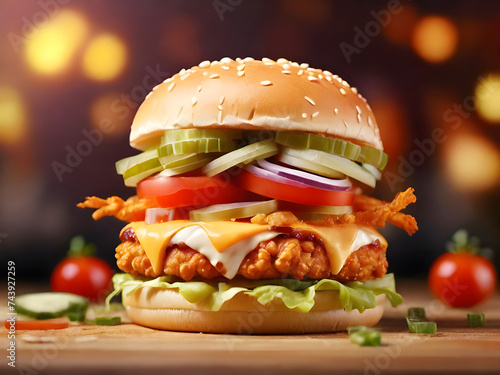 fry and crispy chicken cheese king burger with onion and tomatoes