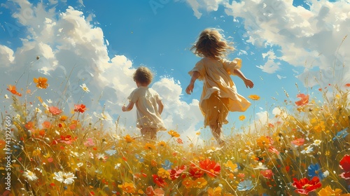 Two children running through a field of flowers with big smiles on their faces